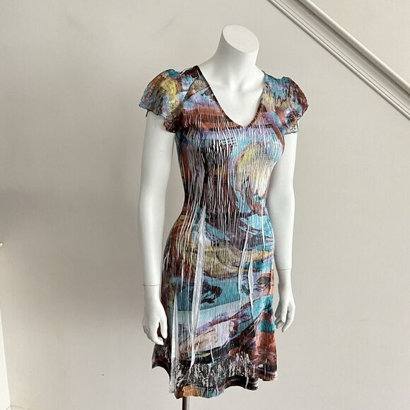 Komarov Petite Crinkle Short Sleeve Lace Inlay Mini Dress Multicolor PS - Picture 10 of 11